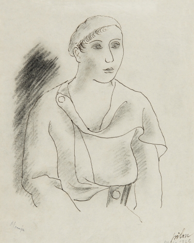 Veno Pilon, Manja (z baretko), 1926, tuš na papirju, Pilonova galerija Ajdovščina